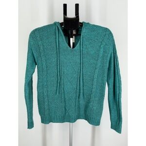 St Johns Bay Womens Teal Cable Knit Hooded Sweater V-Neck Size S